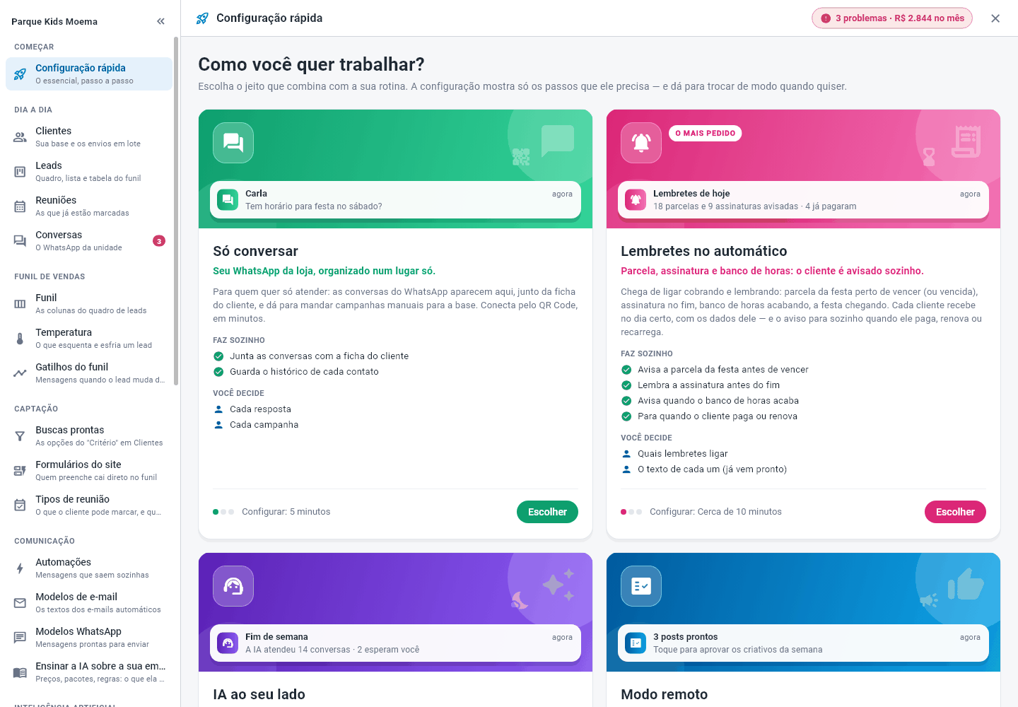 Primeira tela da Raili: a configuração rápida perguntando Como você quer trabalhar?, com os cartões dos modos e o menu à esquerda