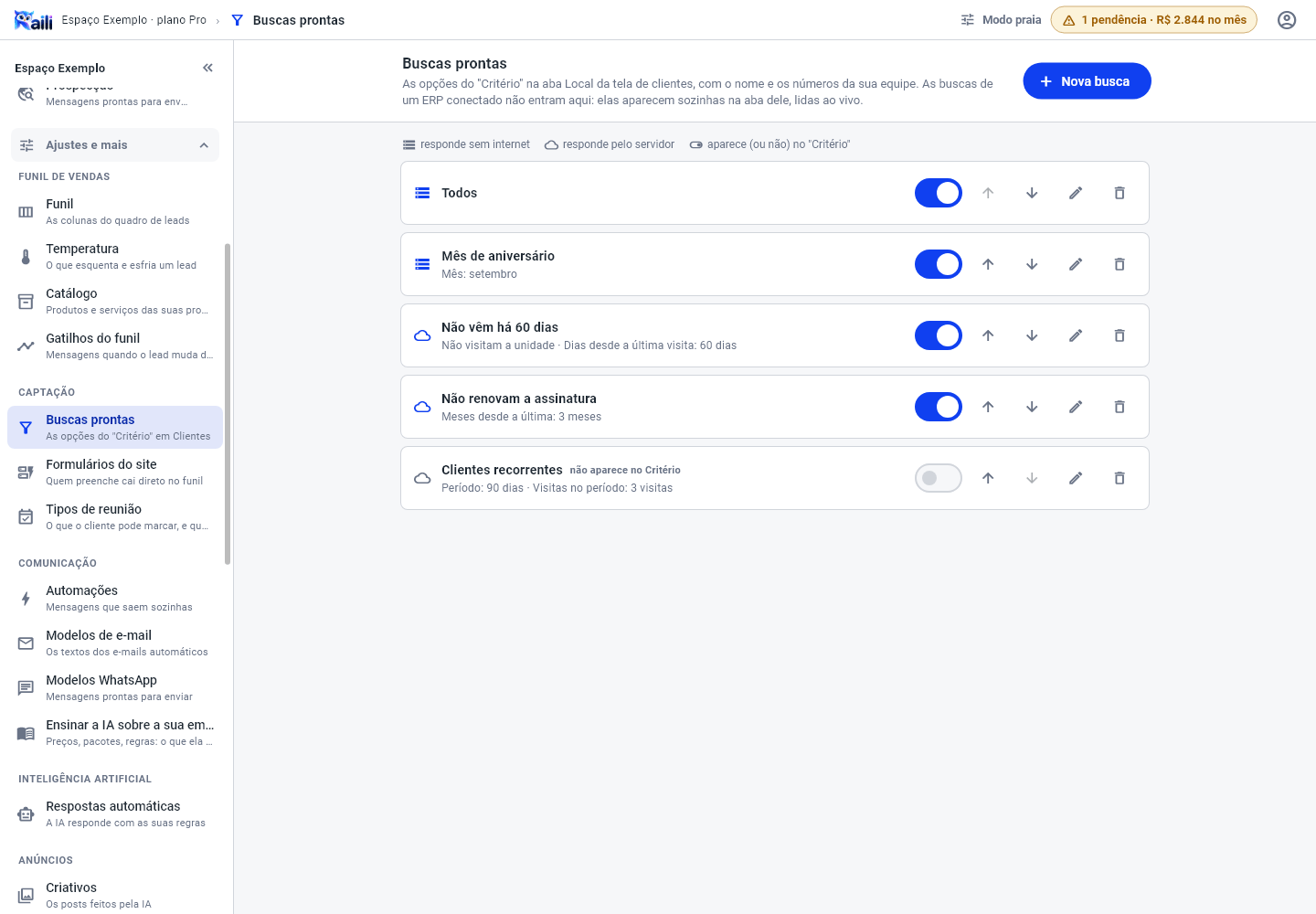 Tela de buscas prontas com a lista de buscas, a chavinha de cada uma e as setas de ordenar