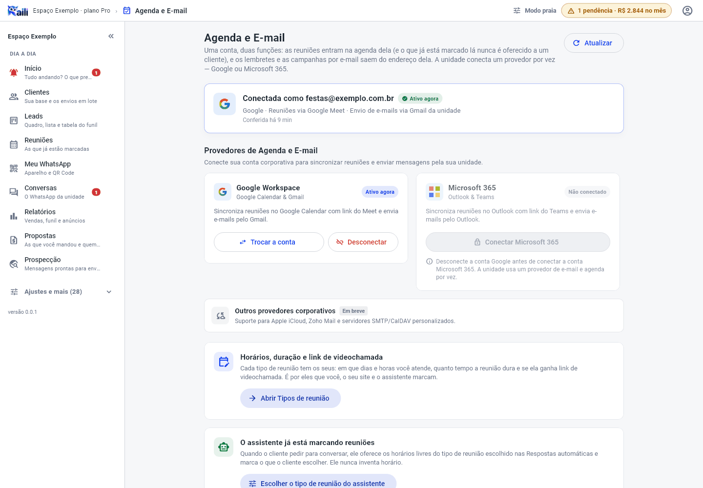 Tela Agenda do Google com a conta conectada, o atalho para os tipos de reunião e o cartão do assistente