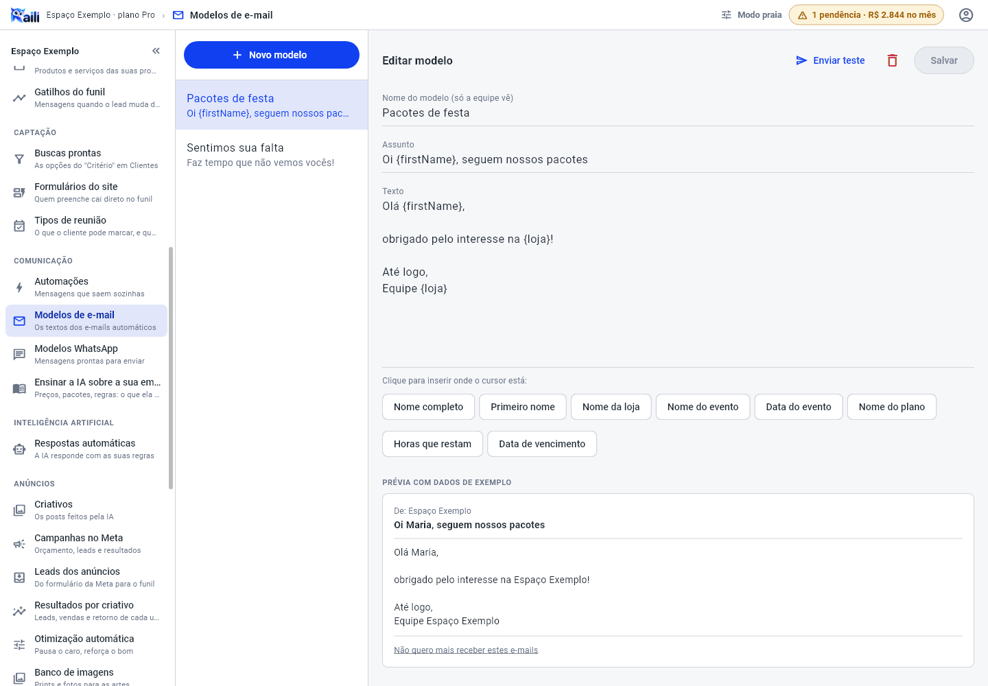 Tela Modelos de e-mail, com a lista de modelos e o editor com assunto, texto e prévia