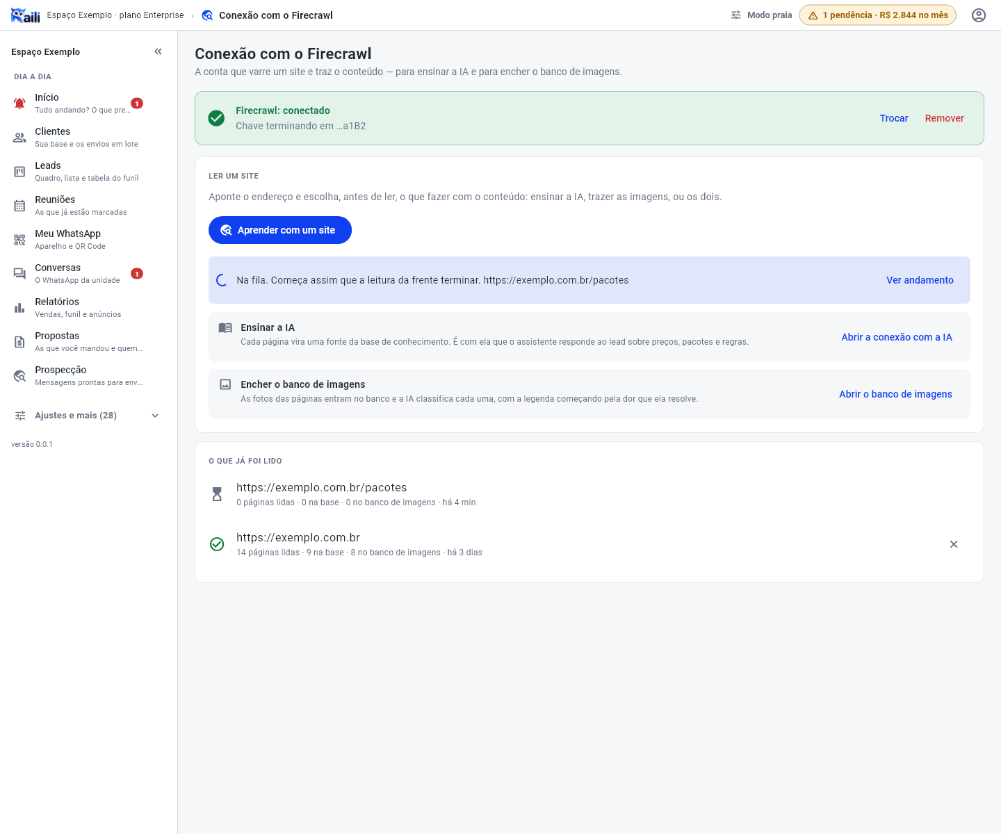 Tela Conexão com o Firecrawl, com a chave cadastrada, o botão Aprender com um site, os dois destinos do conteúdo e a lista do que já foi lido