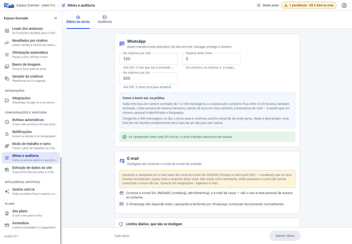Tela Ritmo do envio, com os cards de WhatsApp, e-mail e limite diário