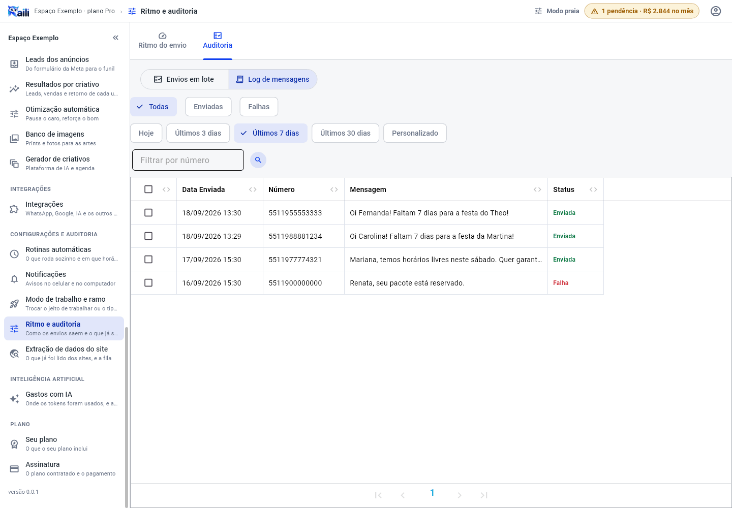 Aba Auditoria de Ritmo e auditoria, na vista Log de mensagens, com os filtros de status e período e a tabela com data, número, mensagem e status