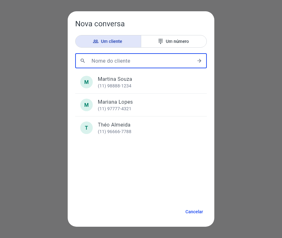 Aba Um cliente da nova conversa, com a busca por nome do cliente