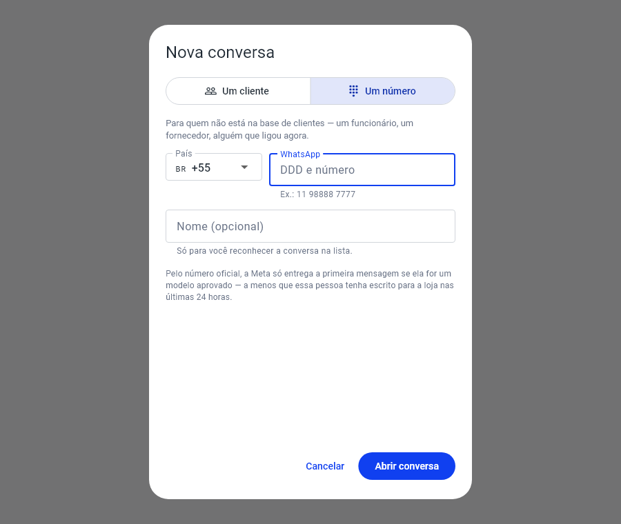 Aba Um número da nova conversa, com os campos País, WhatsApp e Nome opcional