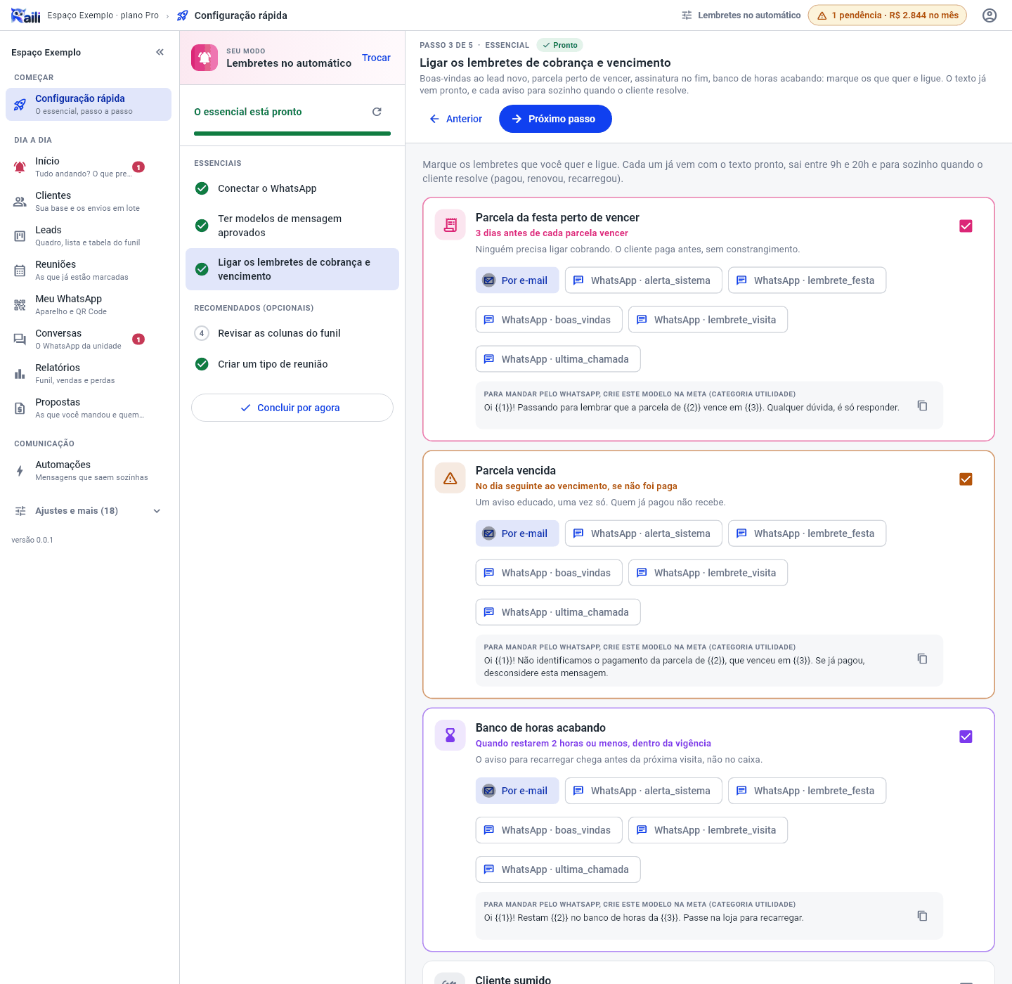 Passo Ligar os lembretes de cobrança e vencimento, com um cartão por lembrete, a escolha do canal e o texto sugerido para o modelo do WhatsApp