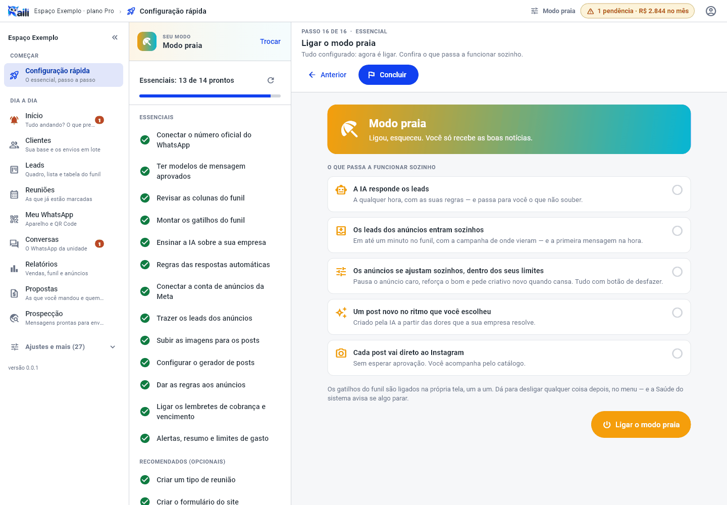 Passo Ligar o modo praia, com a lista do que passa a funcionar sozinho e o botão para ligar