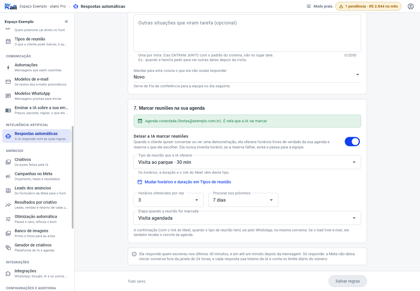 Seção Marcar reuniões na sua agenda, com o aviso da agenda do Google conectada, a chave Deixar a IA marcar reuniões, o tipo de reunião que ela oferece, quantos horários oferecer, quantos dias procurar e a etapa quando a reunião for marcada