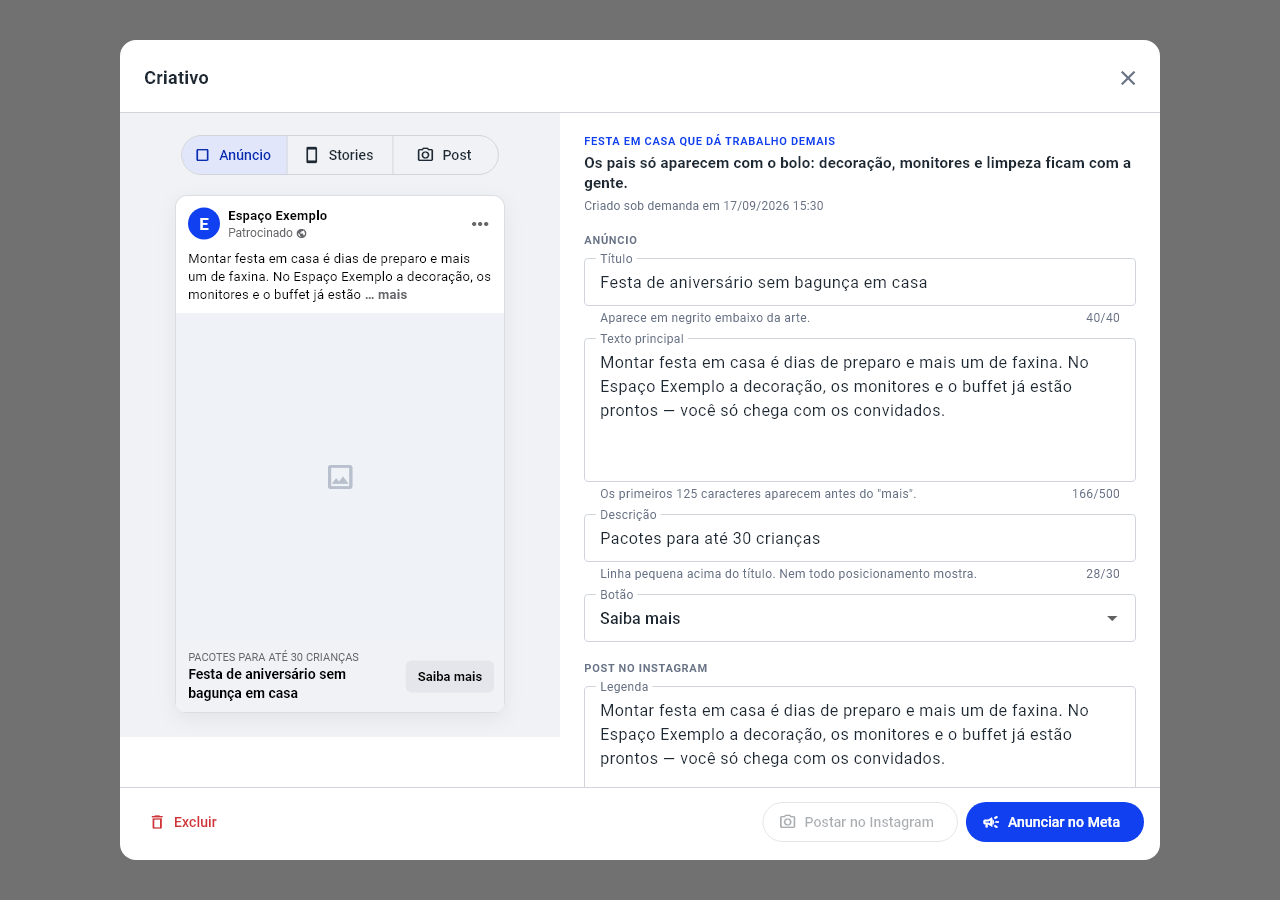 Ficha do criativo com a prévia do anúncio à esquerda e os textos editáveis à direita