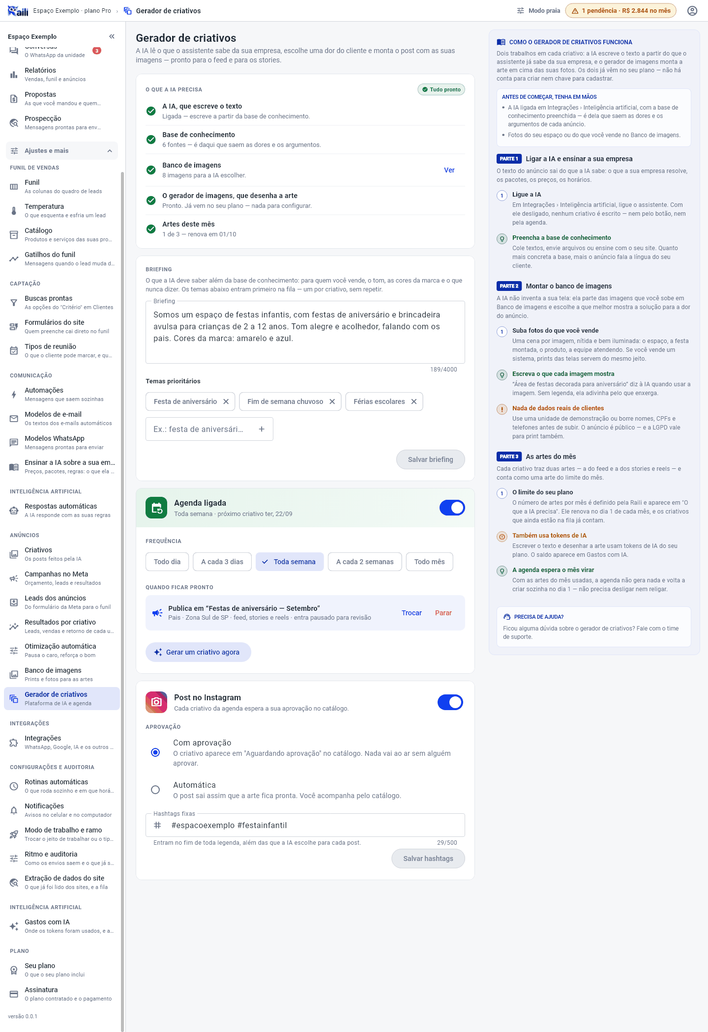 Gerador de criativos com o que a IA precisa, a chave da OpenAI, o briefing, os temas prioritários, a agenda e o guia de configuração