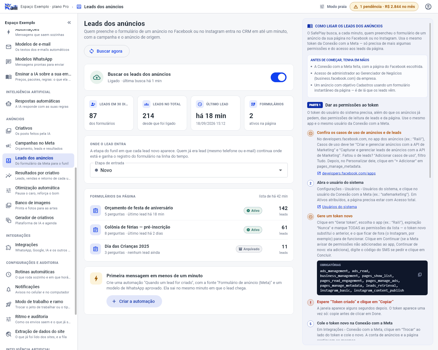 Tela Leads dos anúncios, com a chave ligada, os números, a etapa de entrada, os formulários da página e o guia de permissões
