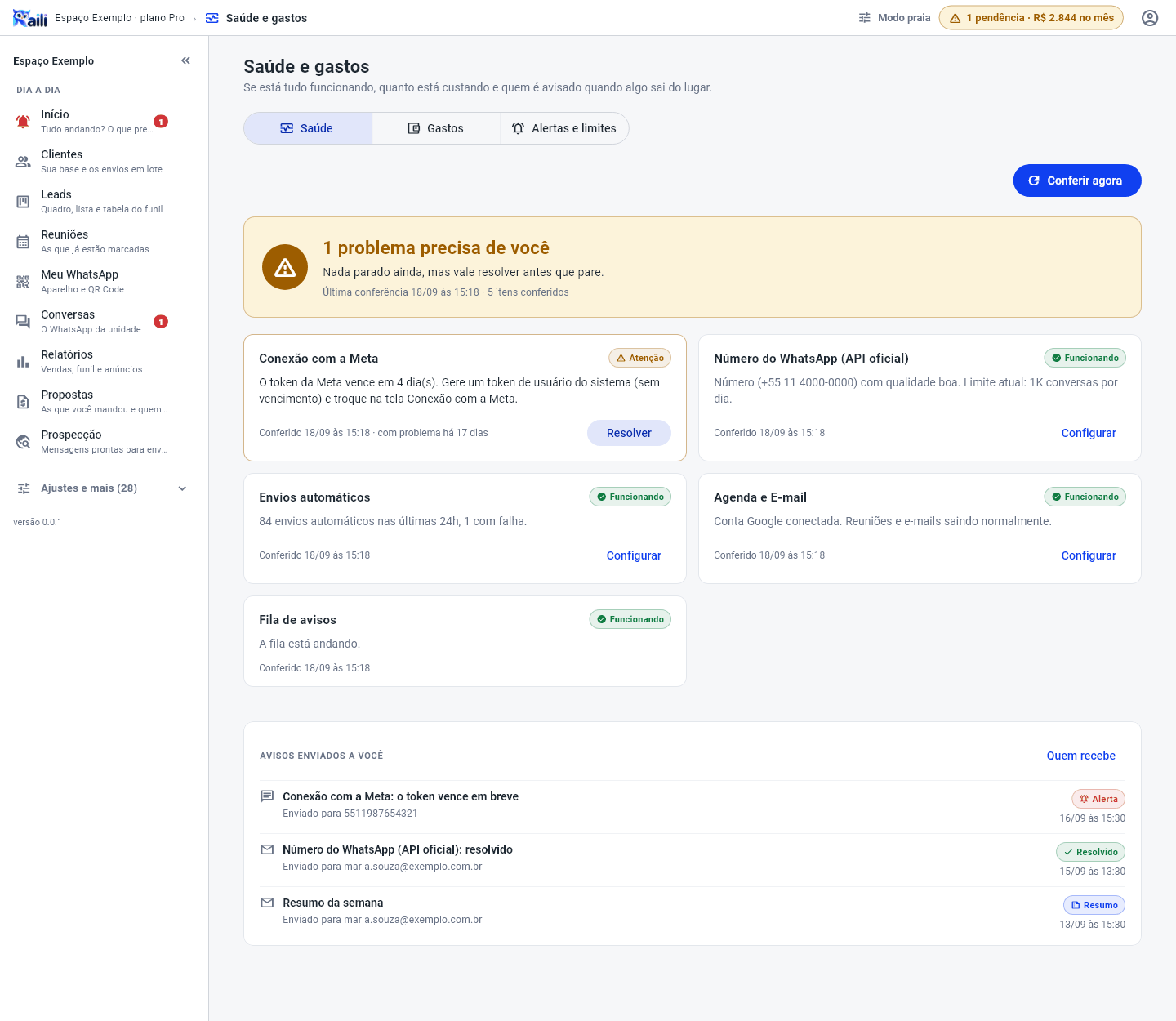 Tela Saúde do sistema com a faixa de problemas, um cartão por conferência com o status e o botão Resolver, e os avisos enviados