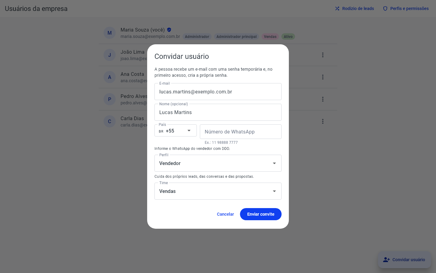 Janela Convidar usuário, com os campos E-mail, Nome (opcional) e Perfil e o botão Enviar convite