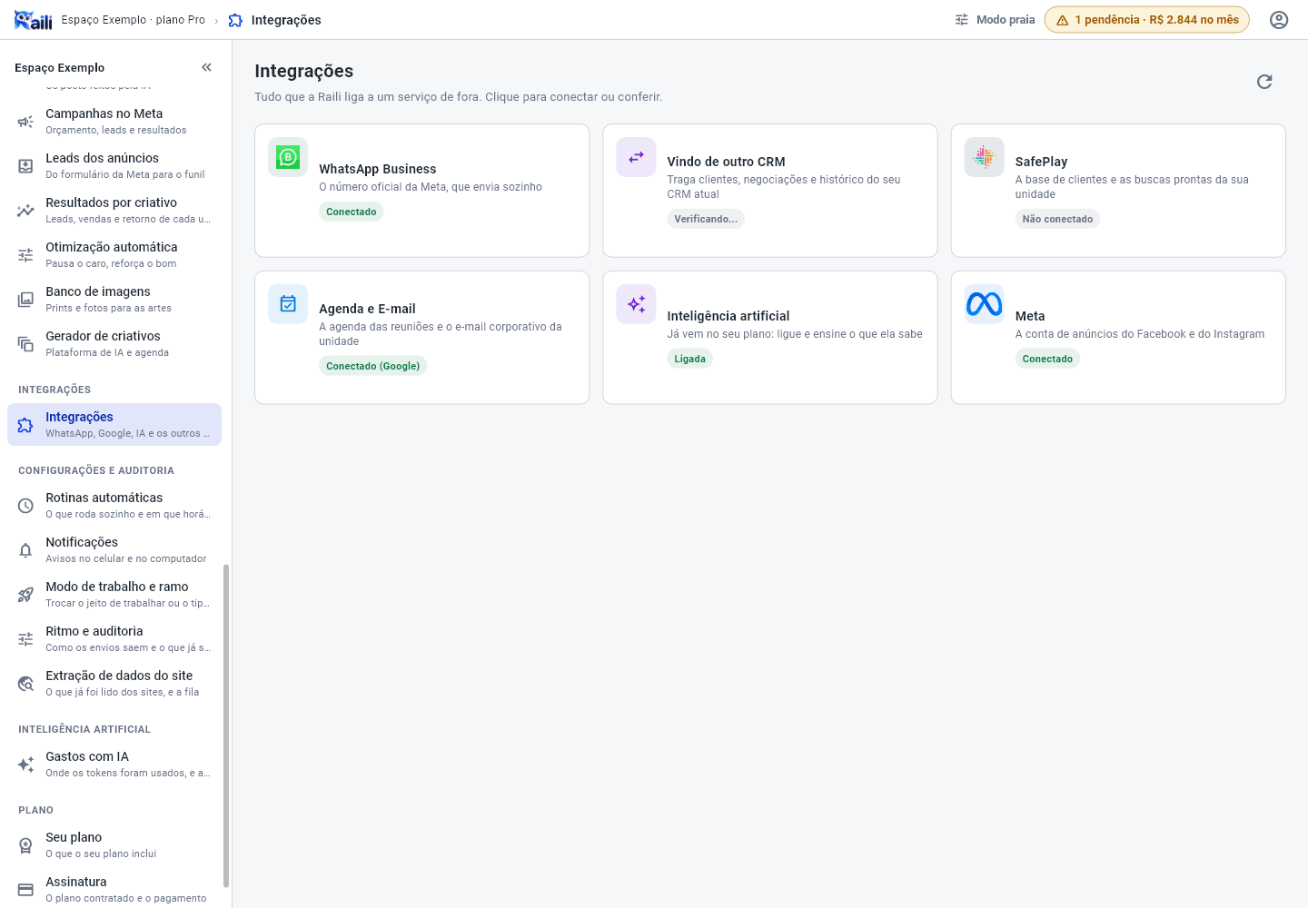 Tela Integrações com os cartões WhatsApp, WhatsApp Business, SafePlay, Firecrawl, Google, Claude, Ferramentas externas, Meta e Webhooks, cada um com o seu selo de situação