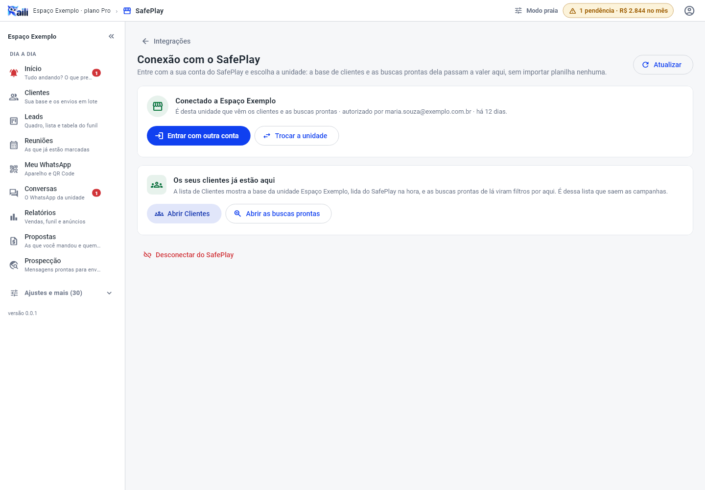 Tela Conexão com o SafePlay mostrando a situação da conexão, os botões de conectar e a explicação do que a conexão traz