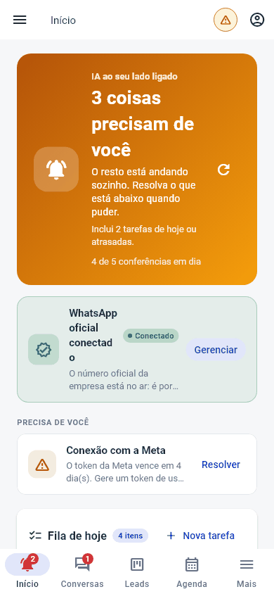 Início no celular: o topo com quantas coisas precisam de você, o cartão do WhatsApp e, embaixo, a barra com Início, Conversas, Leads, Agenda e Mais